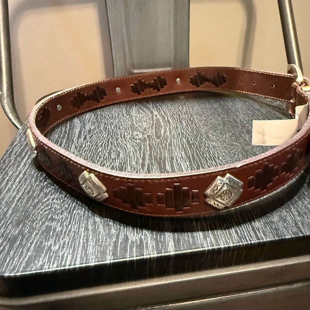 Vintage Fossil Brown Leather Southwest Silver Concho Cowgirl Boho Belt Sz M 33”